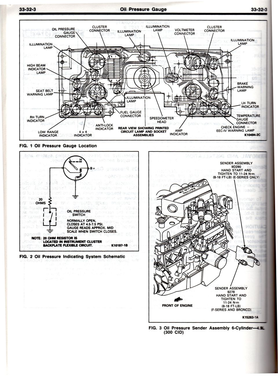 Ford oil pressure gauge location, indicating-system schematic and 4.9L sender assembly 33-32-3