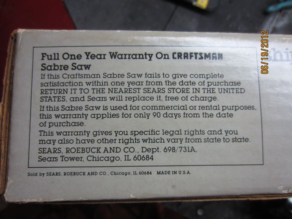 Printed warranty text on a Craftsman Sabre Saw product box
