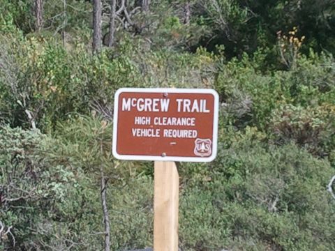 1994 Ford Bronco - A sign indicates that a high clearance vehicle is needed for McGrew Trail, set against a backdrop of trees and brush.