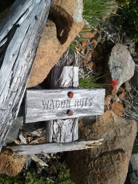 1994 Ford Bronco - A weathered wooden sign points the way to "Wagon Ruins" amidst rocks and driftwood.