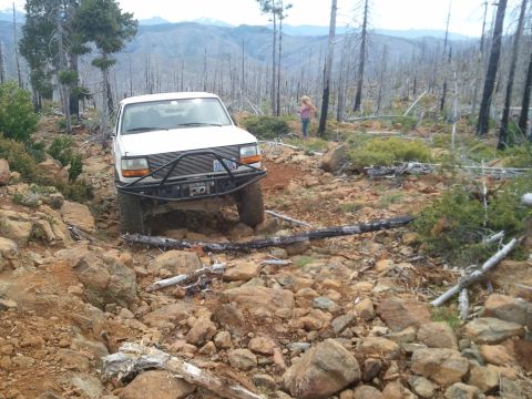 1994 Ford Bronco - A white Ford Bronco drives over rocks on a trail through a burnt forest.