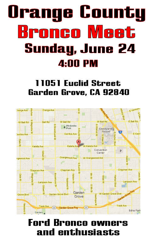 Orange County Bronco Meet flyer with map and event details