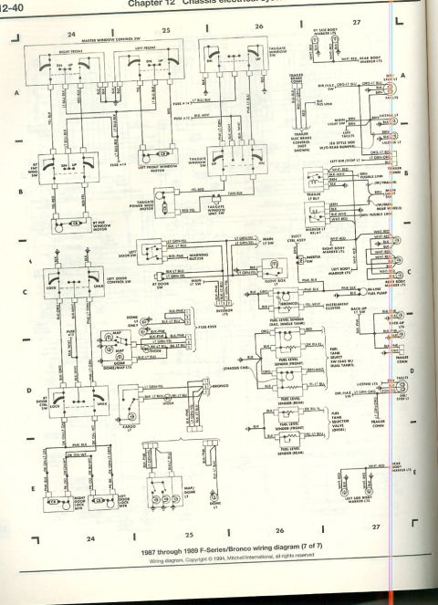1994 Ford Bronco - Mitchell wiring diagram (7 of 7) for 1987-1989 Ford F-Series and Bronco covering master window control, rear/marker lamps, license, and fue…