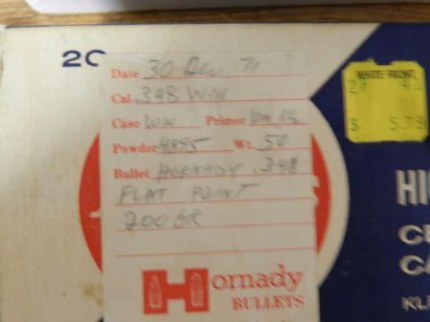 1996 Ford Bronco - Handwritten reloading data for .348 Win cartridge on a Hornady box.