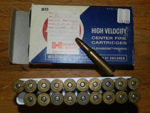 1996 Ford Bronco - A box of Hornady High Velocity Center Fire Cartridges is shown with a single cartridge and a tray of 20 cartridges.