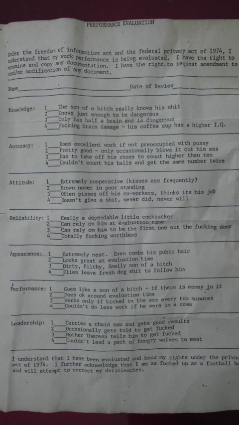 1989 Ford Bronco - A performance evaluation document with sections for knowledge, accuracy, attitude, reliability, appearance, performance, and leadership.