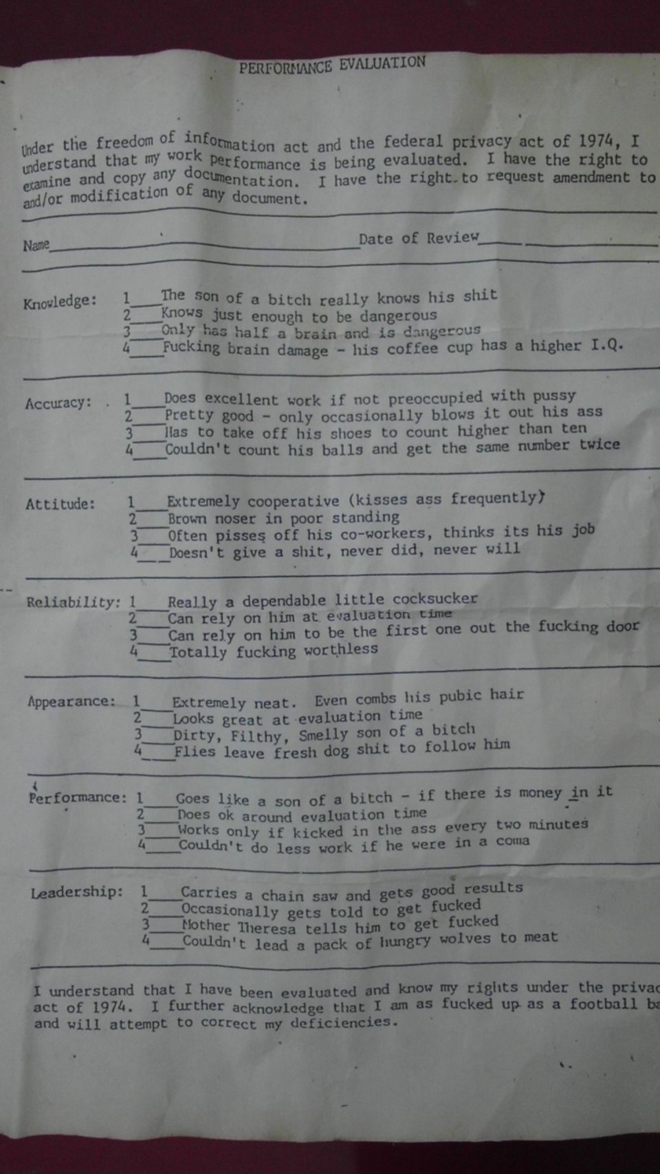 Performance evaluation document with handwritten ratings and comments