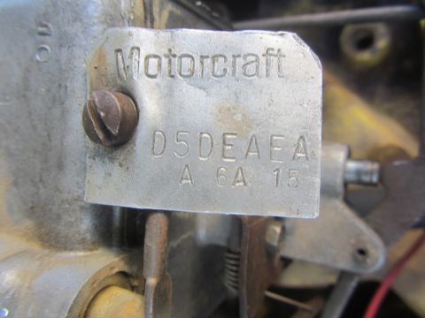 1964 Ford Ranchero - Close-up of a Motorcraft carburetor identification tag showing part number D5DEAEA.