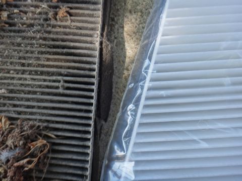 2003 Ford Taurus - Comparison of a dirty cabin air filter and a new one, likely for a vehicle maintenance task.