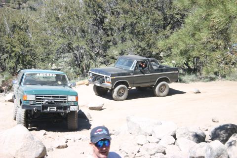 1991 Ford Bronco - Two SUVs, a green one and a black one, are parked on a dirt trail with trees in the background.