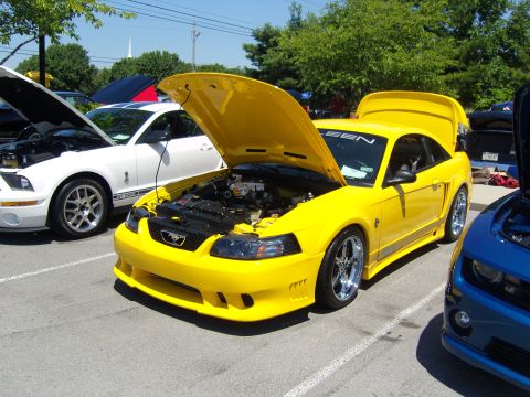2007 Ford Mustang - A yellow 2004 Ford Mustang is displayed with its hood and trunk open at a car show, alongside other vehicles.