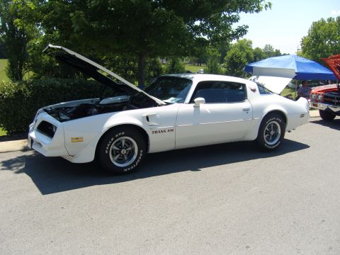 2007 Ford Mustang - A white 1977 Pontiac Trans Am is parked with its hood open, alongside another vehicle under a blue tent.