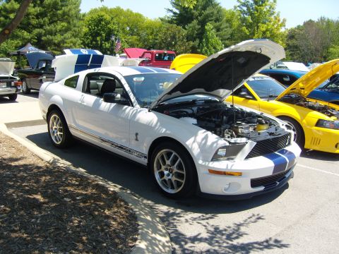 2007 Ford Mustang - A white Ford Mustang Shelby GT500 is displayed with its hood open at an outdoor car show.