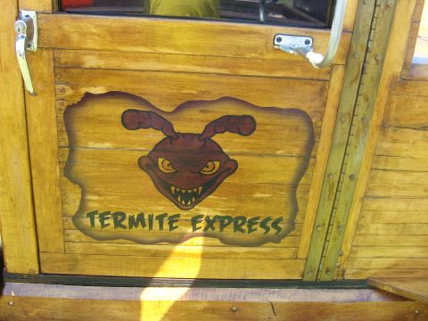2007 Ford Mustang - A wooden door features a cartoon termite graphic with the words 'Termite Express' below it.