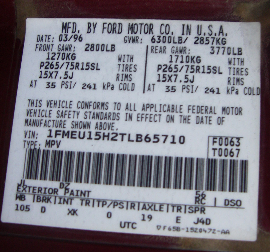 '96 Bronco Ford certification label with 03/96 build date, GVWR, GAWR, tire and paint/axle codes
