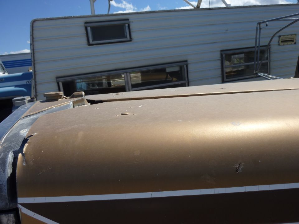 Brown truck hood with white stripe detail, RV in background