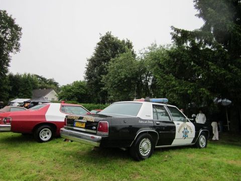 1991 Ford LTD Crown Victoria - A 1991 Ford Crown Victoria police car is seen from the rear, parked on grass next to another vehicle.