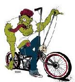 1953 Ford Mainline - A bizarre cartoon depicts a green monster with a long tongue riding a custom low-rider bicycle.
