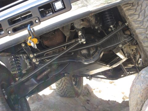1996 Ford Bronco - The underside of an off-road vehicle is shown, highlighting its winch and suspension system.