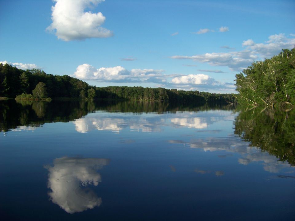 calm lake with trees on shore, blue sky with clouds, and reflections