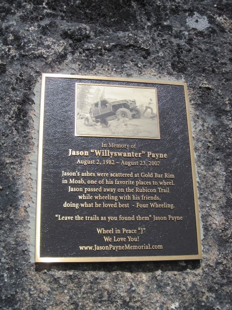 1989 Ford Bronco - A memorial plaque honors Jason Payne, an image of an off-road vehicle and details of his life and passing.