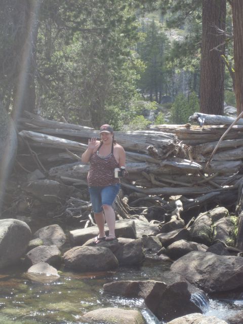 1989 Ford Bronco - A woman stands on rocks in a stream, waving, with a backdrop of trees and fallen logs.