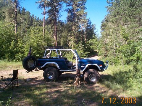 1977 Ford Bronco - A blue 1978 Ford Bronco sits in a forest clearing next to a German Shepherd.