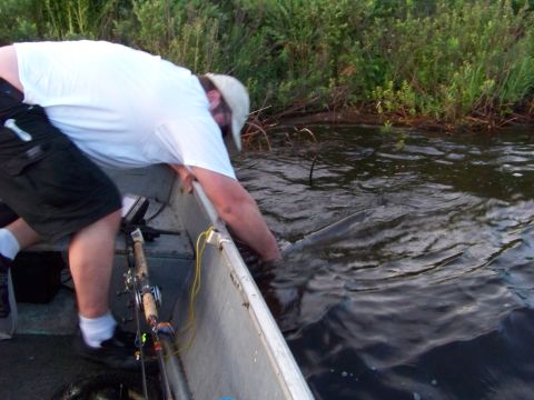 1996 Ford F-150 - A man attempts to grab a large fish from the water while in a boat.