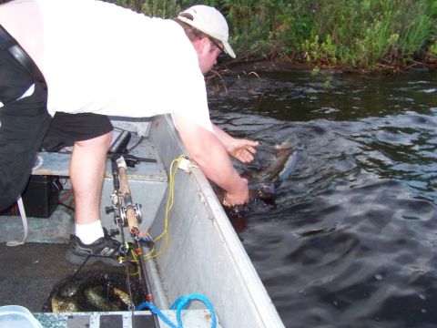 1996 Ford F-150 - A person in a fishing boat is pulling a large fish out of the water, with fishing rods visible.