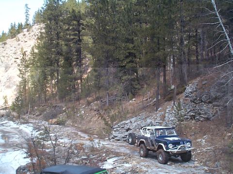 1977 Ford Bronco - A blue 1977 Ford Bronco with a white roll cage navigates a rocky, wooded trail.