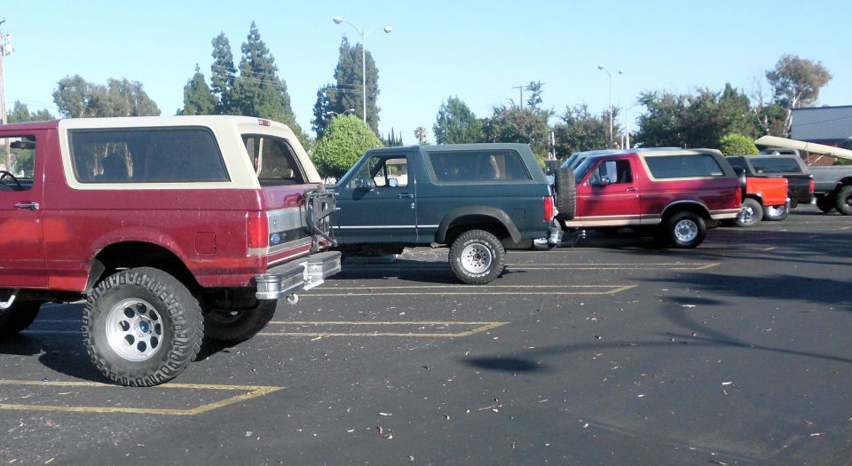 Several Ford Broncos parked in a lot, mostly side view
