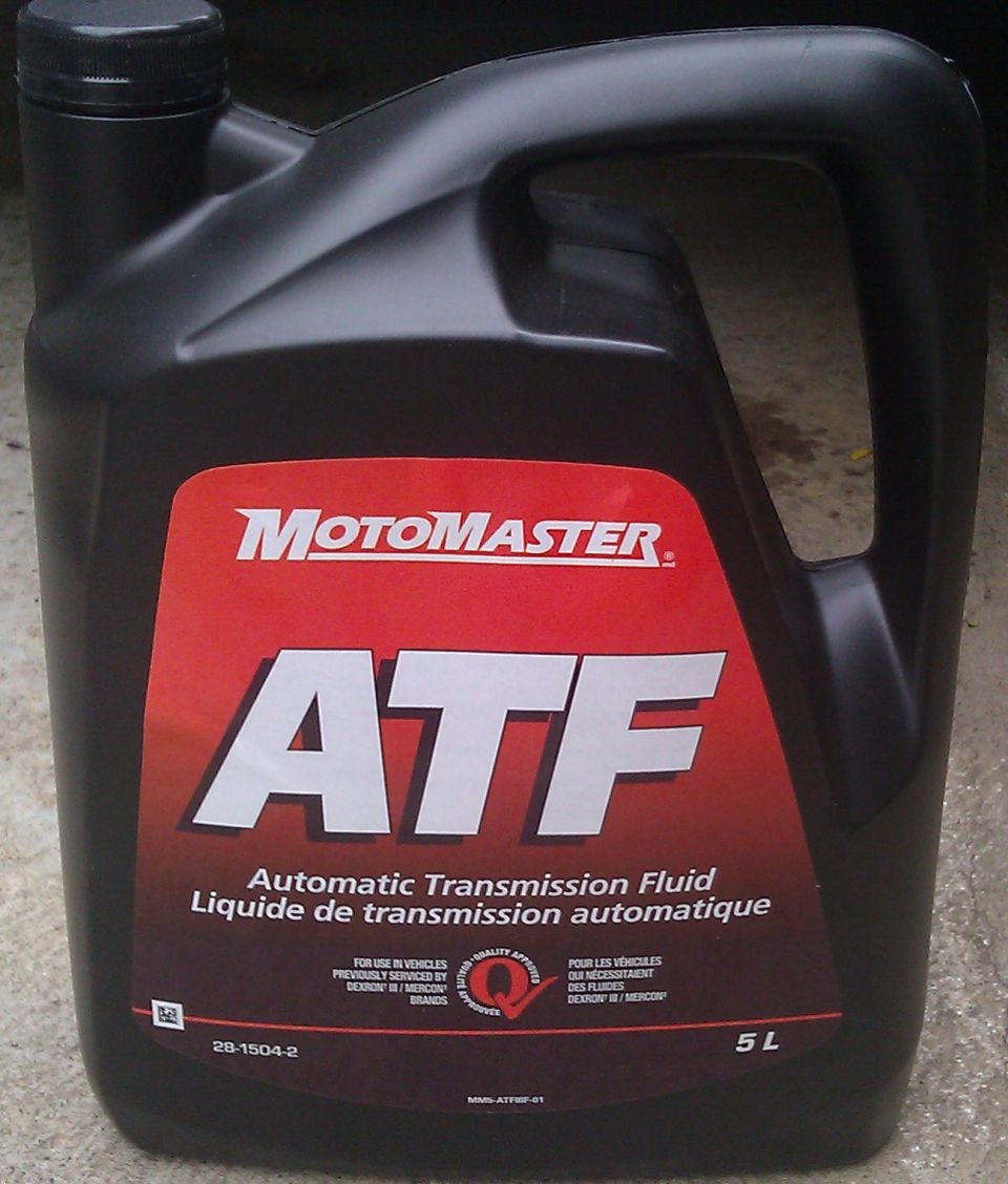 Black plastic bottle of Motomaster ATF Automatic Transmission Fluid, 5L size