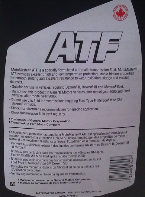 1991 Mercury Grand Marquis - This label details the specifications and usage guidelines for MotoMaster Automatic Transmission Fluid.