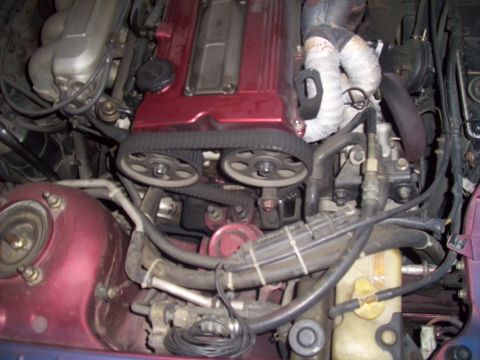 1995 Ford Probe - Close-up view of an engine bay, focusing on the timing belt and valve cover.