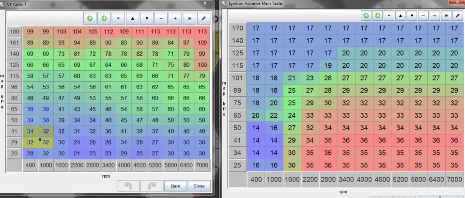 Two engine tuning tables displayed on a computer screen, labeled 'VE Table 1' and 'Ignition Advance Main Table'
