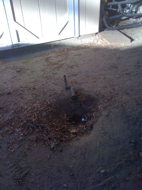 1968 Ford Mustang - A sprinkler head is visible in a patch of dirt and leaves, next to a large white door.