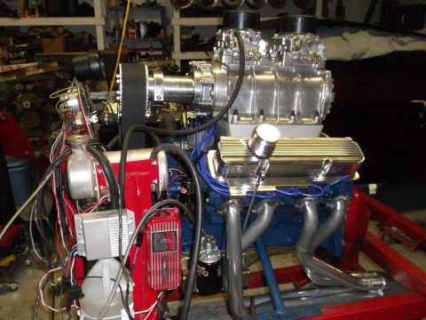 1971 Ford Ranchero - Custom V8 engine assembly with a prominent supercharger and dual carburetors.