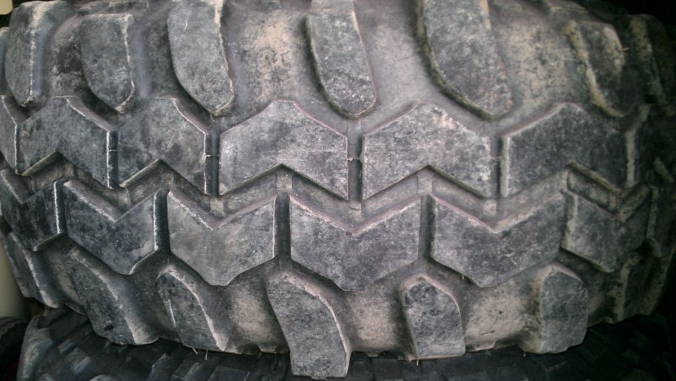 Close-up of a large, aggressive tire tread pattern