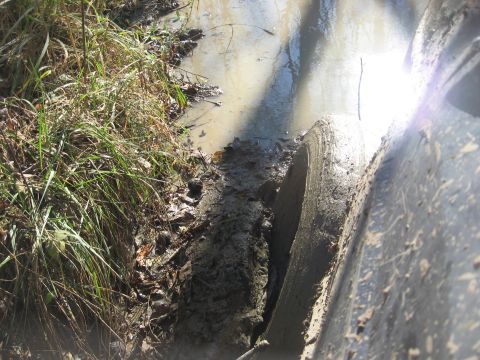1987 Jeep Comanche - A vehicle's tire is submerged in mud and water, with vegetation on the left.
