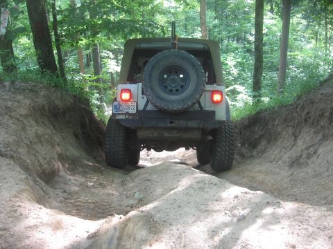 1987 Jeep Comanche - A Jeep Wrangler TJ navigates a narrow dirt path surrounded by trees, showing its rear end and spare tire.