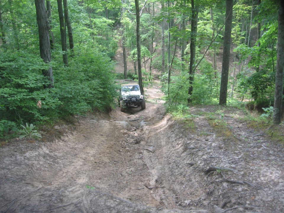 White Jeep Wrangler driving on a muddy forest trail, front view