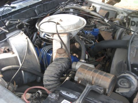 1979 Ford F-350 - The engine bay of a vehicle is shown, various components like the air cleaner, hoses, and battery.