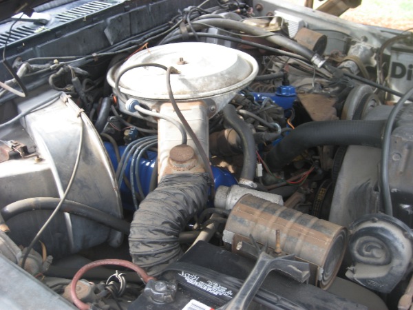 engine bay with air cleaner, hoses, and battery