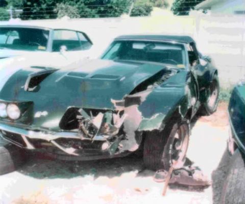1976 Chevrolet Corvette - This 1976 Chevrolet Corvette shows significant damage to its front end, suggesting a major collision.