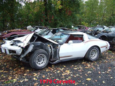 1976 Chevrolet Corvette - A severely damaged white Corvette sits in a junkyard, surrounded by other vehicles under a canopy of trees.