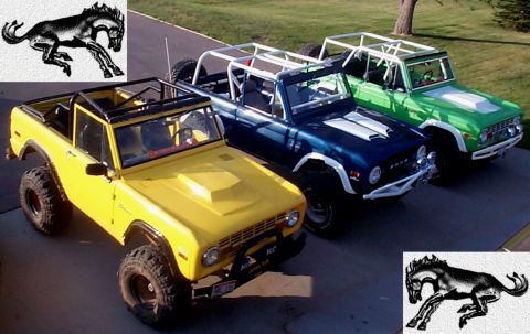 1977 Ford Bronco - Three generations of Ford Broncos are displayed in a row, their iconic designs.