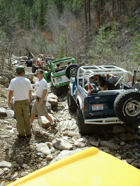 1977 Ford Bronco - A group of modified Ford Broncos navigate a challenging rocky trail in a wooded area.