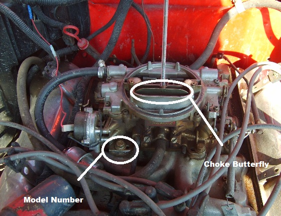 Close-up of a carburetor with labels pointing to 'Model Number' and 'Choke Butterfly'