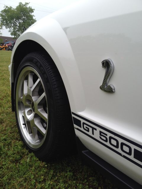 2007 Ford Mustang - Close-up of the fender and door of a white Ford Mustang GT500, showing the cobra emblem and GT500 stripe.