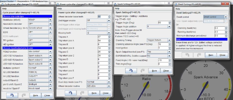 MegaSquirt tuning software configuration dialogs for ignition, spark and dwell settings